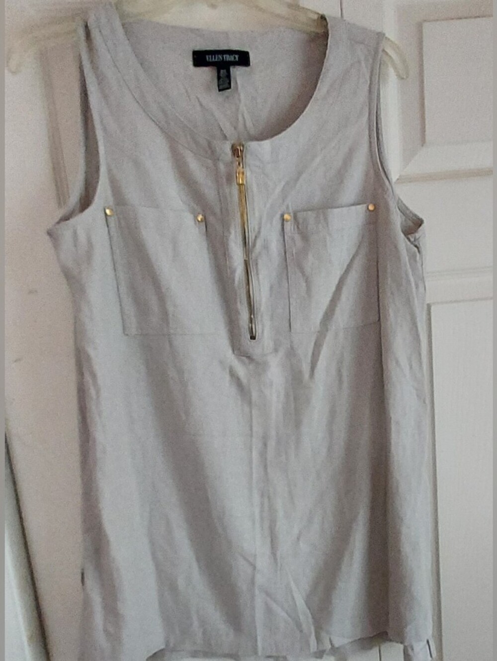Ellen Tracy Beige Zip Front Sleeveless Tunic Blouse Gold Hardware Womens M Linen